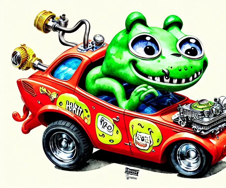 Image similar to cute and funny, margay driving a tiny hot rod with an oversized engine, ratfink style by ed roth, centered award winning watercolor pen illustration, isometric illustration by chihiro iwasaki, edited by craola, tiny details by artgerm and watercolor girl, symmetrically isometrically centered