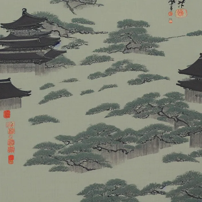 Image similar to a building in a serene landscape, traditional japanese painting