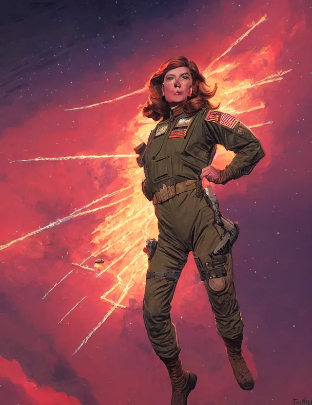 Image similar to a brown - haired woman in a military uniform hovering in the air glowing with red light and crackling energy, by frank fazetta and moebius, trending on artstation, digital art, 4 k resolution, detailed, high quality, sharp focus, hq artwork, coherent, insane detail, concept art, character concept, character full body portrait