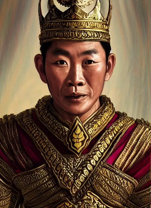 Image similar to king ramkhaheang of sukhothai, close portrait, historical, ethnic group, traditional tai costume, sukhothai headset, leather shoulder armor, fantasy, intricate, with leather armor cross onbare chest, elegant, loin cloth, highly detailed, oill painting, artstation, concept art, matte, sharp focus, illustration, hearthstone, art by earl norem