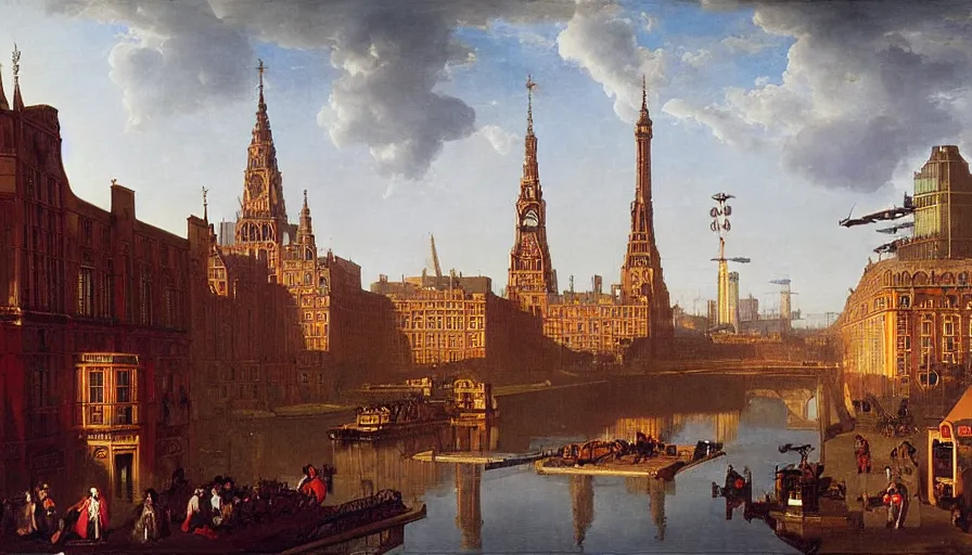 Image similar to Victorian England soviet city with flying cars and cyberpunk, made by Hubert van Eyck, Georges de La Tour, Élisabeth Vigée Le Brun, Jacques-Louis David