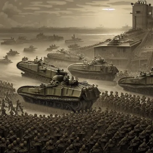 Prompt: the the D day WW2 in roblox, photo from 1940s, very detailed, fantasy, dramatic, intricate, elegant, highly detailed, digital painting, artstation, concept art, smooth, sharp focus, illustration, art by Gustave Dore, octane render