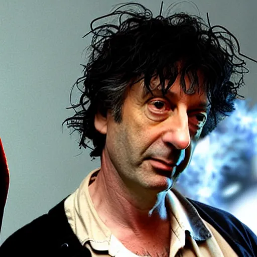 Image similar to a dramatic photograph of neil gaiman having a conversation with the sandman in a fantasy world, dramatic lighting, filmic, cinematographic, sci - fi