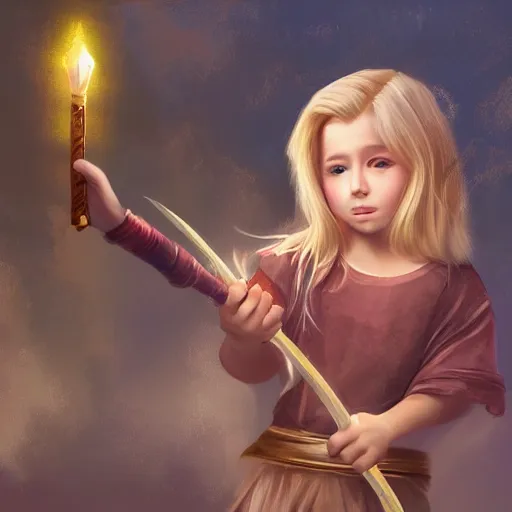 Prompt: A young mage with blonde hair holding a magical wand. Fantasy, digital painting, HD, 4k, detailed.
