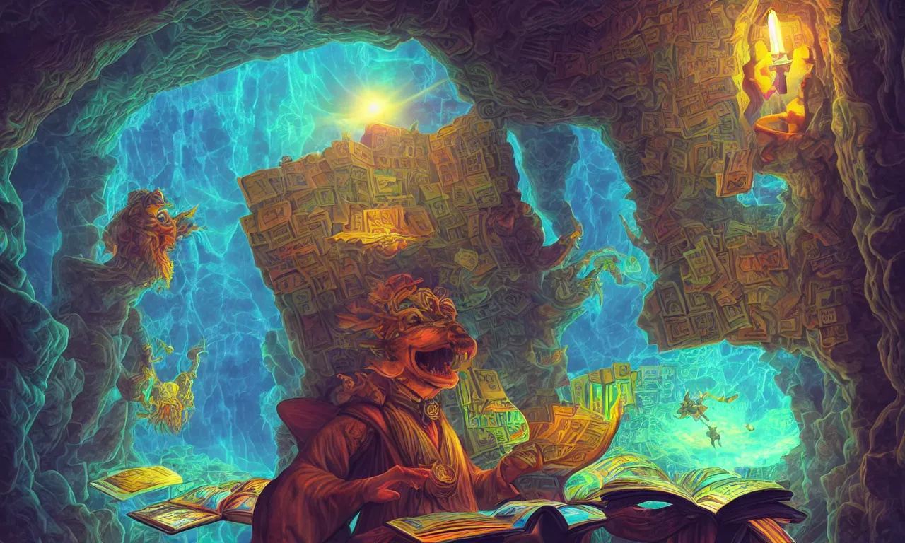 Image similar to large kerberos realm, faked ticket close up, wizard reading a directory, colorful ravine, 3 d art, digital illustration, perfect lighting