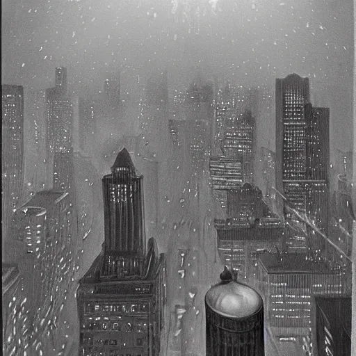 Image similar to photorealistc painting of a nightmarish boston downtown skyline in 1 9 2 5 at night with a horrifying sky, aerial view, dark, brooding, night, atmospheric, horror, cosmic, ultra - realistic, smooth, highly detailed by dave dorman