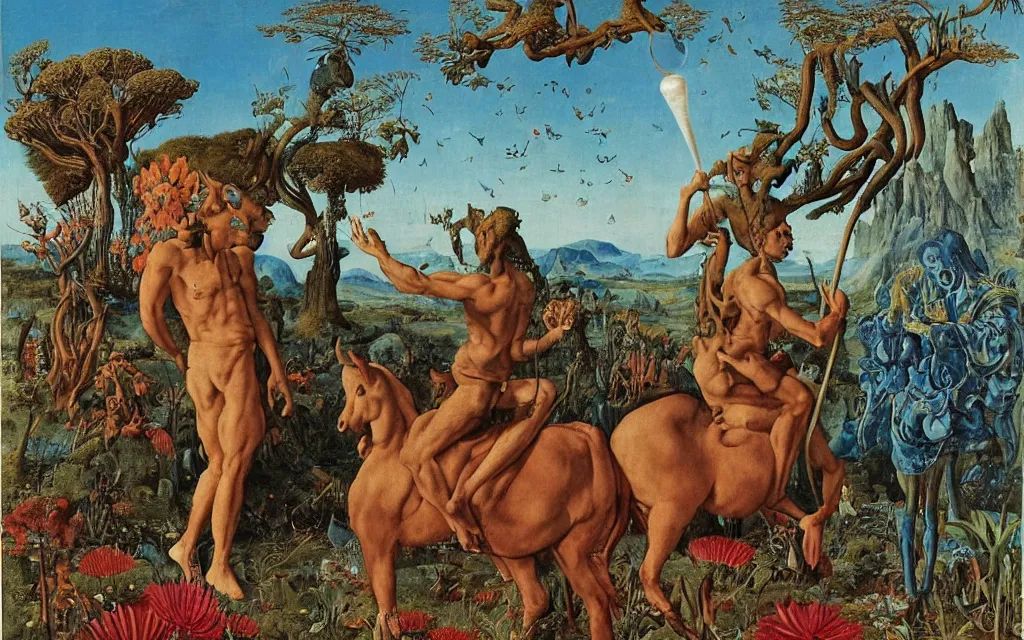 Image similar to a portrait photograph of a meditating satyr and a centaur monk riding a rocket machine and hunting at a river delta. surrounded by bulbous flowers and trees. mountain range under a blue sky of fiery stars. by jan van eyck, max ernst, ernst haeckel, ernst fuchs and artgerm, cgsociety, fashion editorial, 8 k