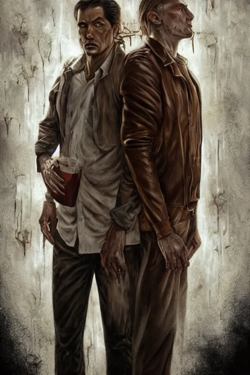 Image similar to a bloody and beaten man in a brown leather jacket and a sophisticated man in a pristine white shirt. in the style of of true detective fanfare. art by tomasz alen kopera and glenn fabry.