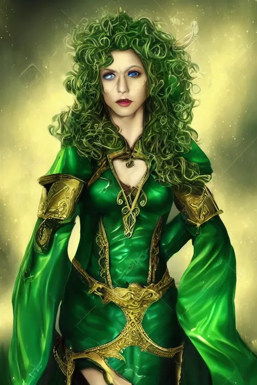 Prompt: fantasy, female, elf, fey - like, long curly hair, blond hair, warrior, dancer, green and white clothes, golden embossing, golden jewelry, swords, beautiful, elegant, portrait