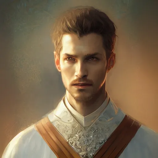 Prompt: portrait of a male cleric, D&D, fantasy, intricate, elegant, highly detailed, digital painting, artstation, concept art, smooth, sharp focus, illustration, art by artgerm and greg rutkowski and alphonse mucha