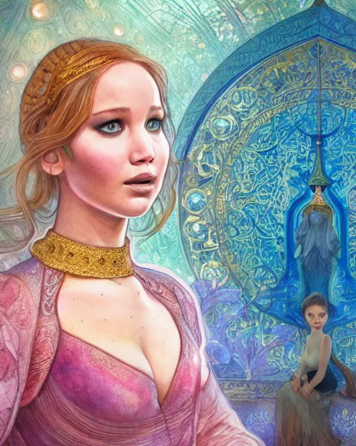 Prompt: jennifer lawrence in front of an big open quran highly detailed, gold filigree, romantic storybook fantasy, soft cinematic lighting, award, disney concept art watercolor illustration by mandy jurgens and alphonse mucha and alena aenami, pastel color palette, featured on artstation