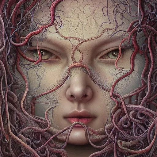 Image similar to very detailed portrait of a 2 0 years old girl surrounded by tentacles, the youg woman visage is blooming from fractal and vines, painted by esao andrews and karol bak and zdzislaw beksinski and zdzisław beksinski