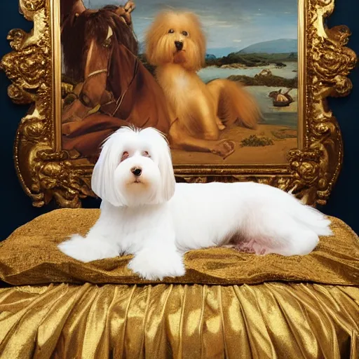 Image similar to a cream - colored havanese dog lying on top of a large plastic sequined horse, a renaissance painting in the background, photo by david lachapelle, behance, transgressive art, freakshow, official album art