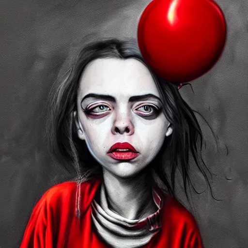 Image similar to surrealism grunge cartoon portrait sketch of billie eilish with a wide smile and a red balloon by - michael karcz, loony toons style, the conjuring style, horror theme, detailed, elegant, intricate