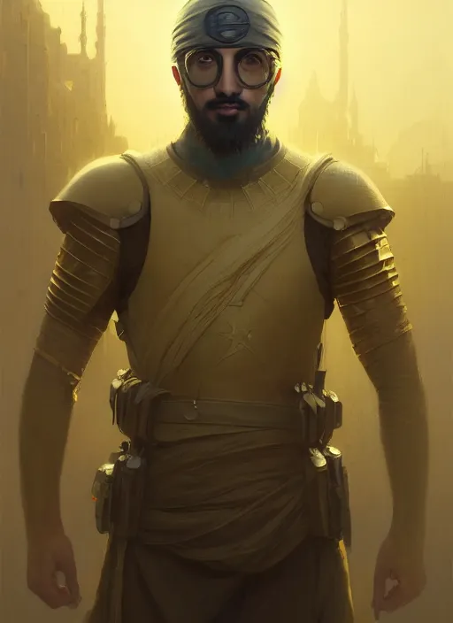 Prompt: highly detailed portrait arab man superhero, armor, yellow charcoal, stephen bliss, 8 k, unreal engine, fantasy art by greg rutkowski, loish, rhads, ferdinand knab, makoto shinkai and lois van baarle, ilya kuvshinov, rossdraws, tom bagshaw, global illumination, radiant light, detailed and intricate environment