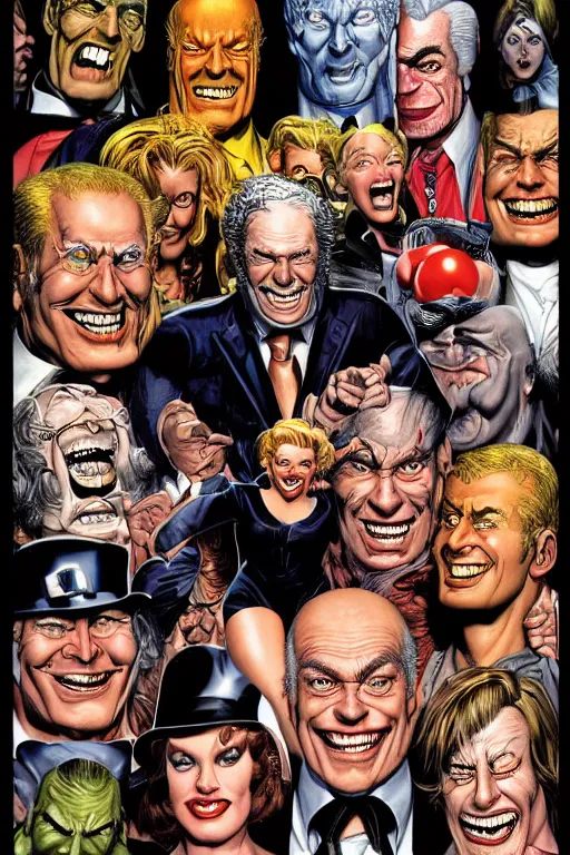 Image similar to digital portrait of an insane smiling man by brian bolland, rachel birkett, alex ross, and neal adams | centered, deviantart, artgerm