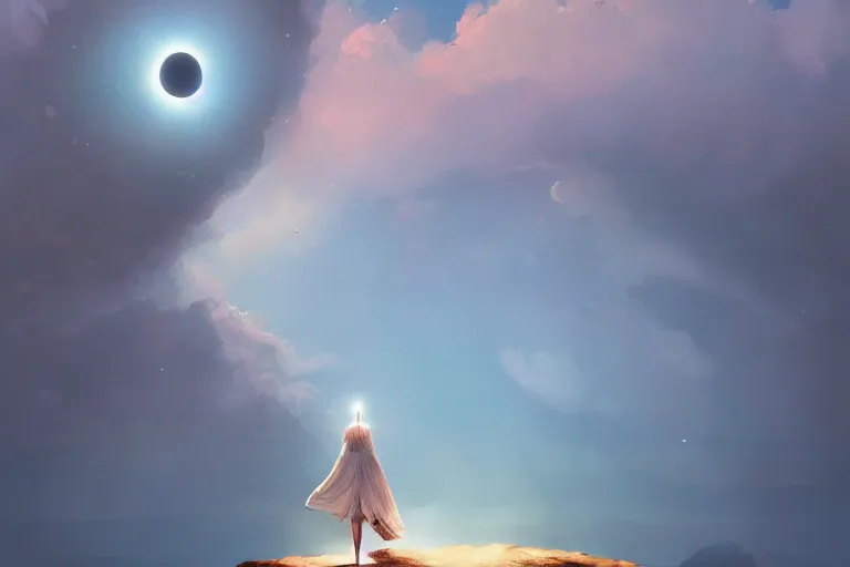 Image similar to giant white daisy flower under the head, girl standing on cliff, surreal photography, solar eclipse, milky way, dramatic light, impressionist painting, clouds, digital painting, artstation, james gilleard, liam wong, jeremy mann, simon stalenhag