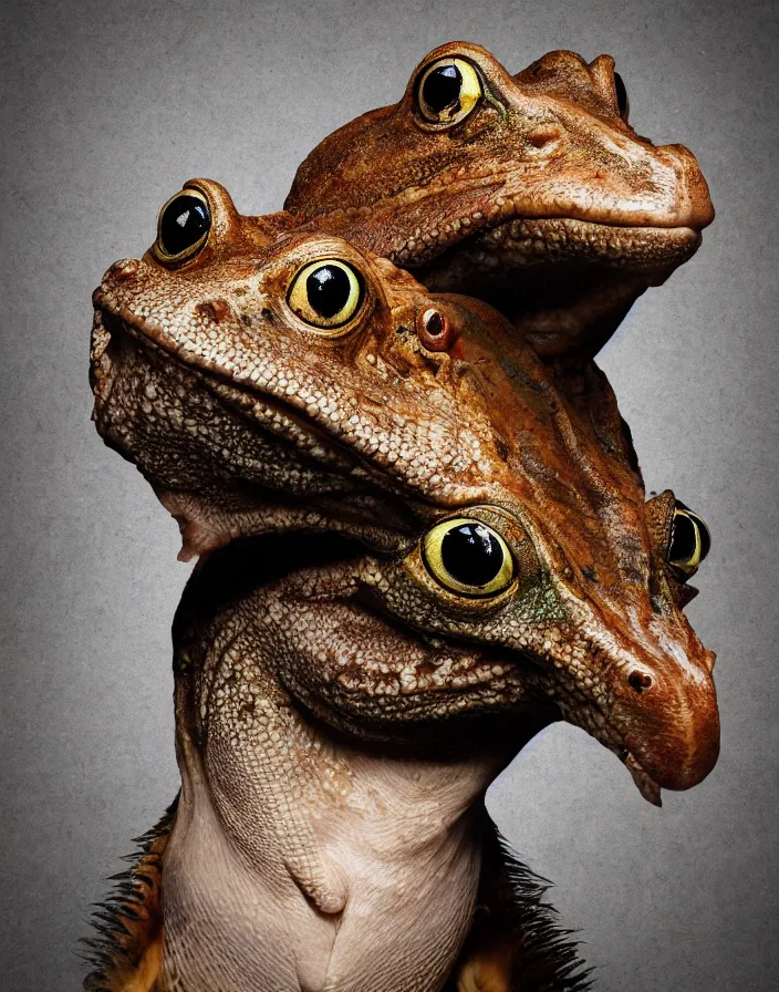 Image similar to high resolution photo portrait of muscular animal human merged head dolphin snake goat skin ears, background removed, scales skin frog dog rat, alligator cat merged bird head cow, chicken face morphed fish head, gills, horse head animal merge, morphing dog head, animal eyes, merging crocodile head, anthropomorphic creature