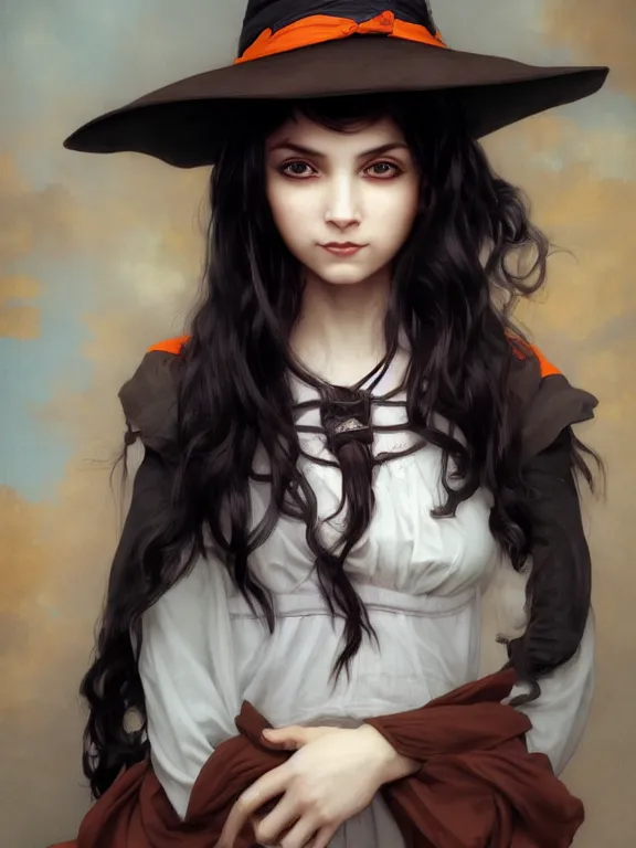 Image similar to Full shot of a mischievous young witch about to get up to some trouble. Latin American fashion. Black and Orange palette. Latina girl. brown skin. Symmetrical facial features. By Ruan Jia and Artgerm and Range Murata and WLOP and Ross Tran and William-Adolphe Bouguereau. Key Art. Fantasy Illustration. award winning, Artstation, intricate details, realistic, Hyperdetailed, 8k resolution.