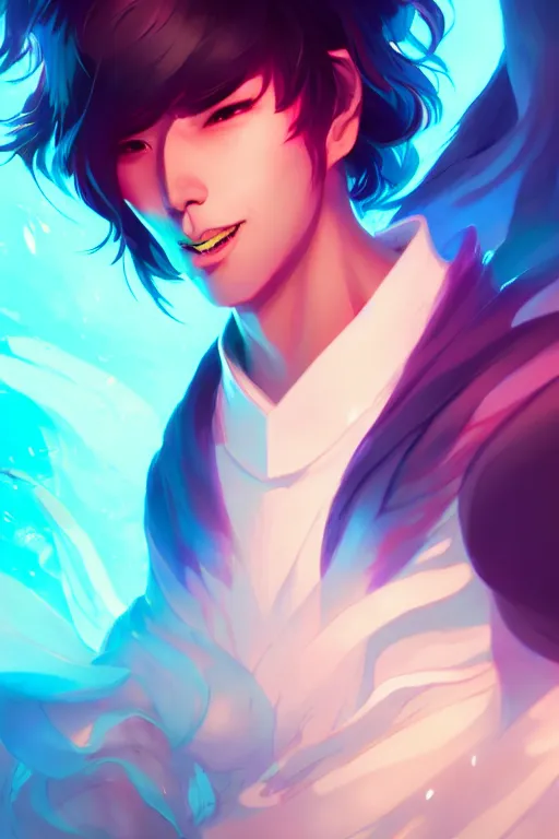 Image similar to character design, anbeno seimei, blurred environment background, colorful magic effects, white skin, portrait, male, clothed, sharp focus, digital art, concept art, trending on artstation, dynamic lighting, by emylie boivin and rossdraws