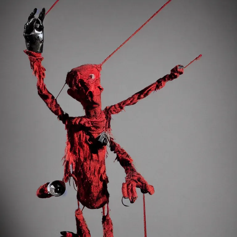 Image similar to a marionette puppet hanging limp with blood running from his eyes, by wayne barlow, highly detailed, horror themed, stark light and shadows