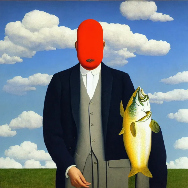 Prompt: portrait of a man with fish head, clouds in the background, by rene magritte, detailed painting, distance, middle centered, hd, hq, high resolution, high detail, 4 k, 8 k