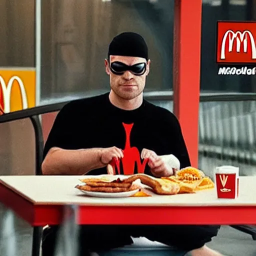 Image similar to daredevil eating mcdonalds