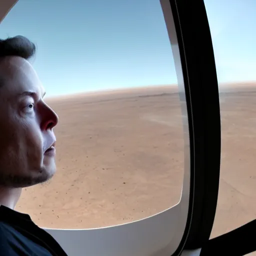 Prompt: elon musk inside a starship rocket, looking at mars outside the window