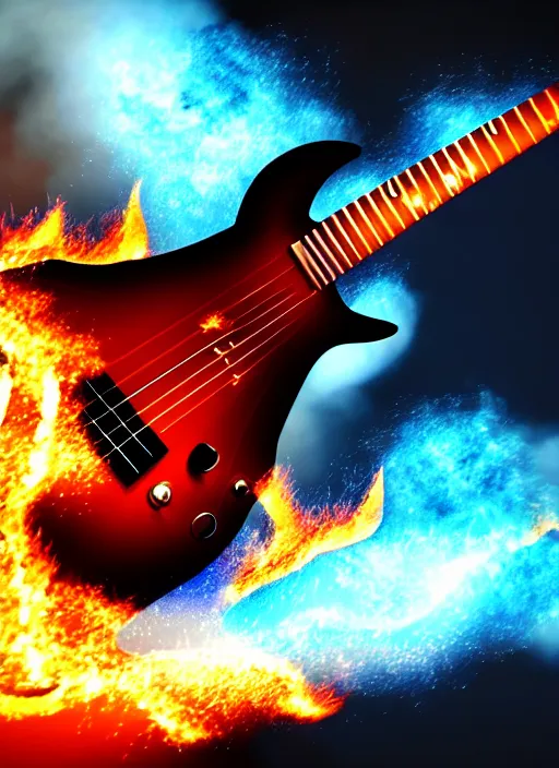 Image similar to guitar with fire magical dust as musical notes storm around, volumetric dust, cinematic lighting, photography artstation