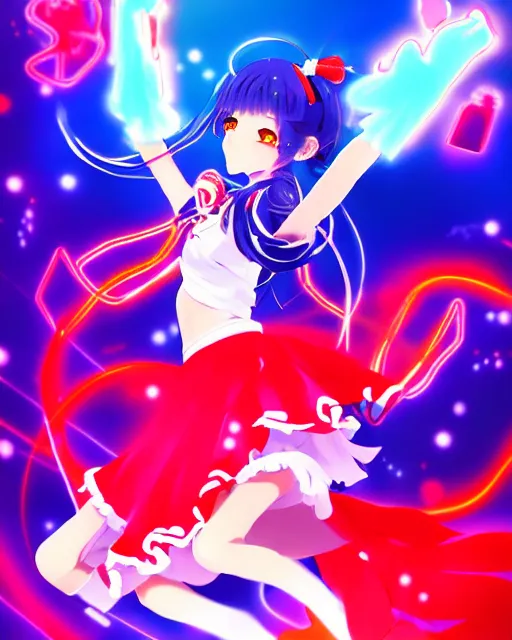 Image similar to anime style, vivid, expressive, full body, 4 k, painting, a cute magical girl idol with a long wavy hair wearing a dress fighting monsters, blue and red, balance, correct proportions, stunning, realistic light and shadow effects, neon lights, studio ghibly makoto shinkai yuji yamaguchi