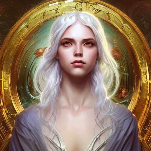 Image similar to god and goddess, white hair, long hair, gorgeous, amazing, elegant, intricate, highly detailed, digital painting, artstation, concept art, sharp focus, illustration, art by artgerm and greg rutkowski and alphonse mucha