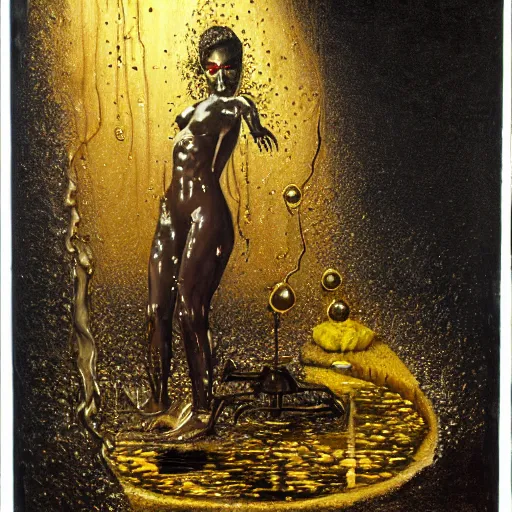Image similar to dark green steamy hi-tech sci-fi lab at night, realistic gustave coubert painting of hideous and sick black onyx skin woman dressed in rags exposed guts crawling in two legs and dripping golden metalic fluid from intestine into a puddle of golden liquid on the floor. Smokey atmosphere