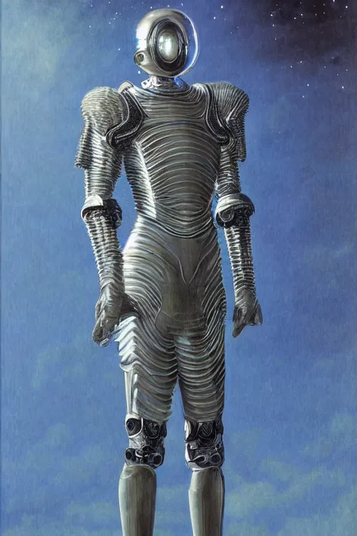 Image similar to full body portrait of beautiful gothic and futuristic fashion model, elegant space armour, cyber armour, highly detailed, artstation, illustration, composition, 8 k quality, art by jean delville, rene magritte, hyperrealism oil painting