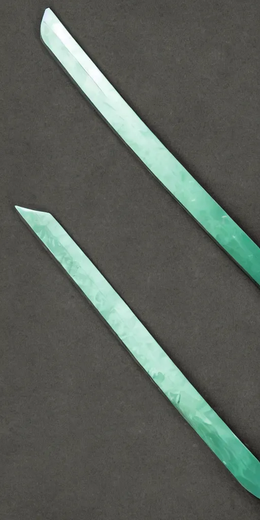 Image similar to photograph of a wide green and teal crystal sword blade attached to a big gold sword hilt