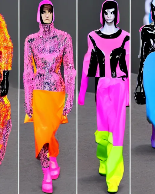 Image similar to a leaked screenshot of Balenciaga's fall 2049 fashion week, prismatic, dazzle camouflage!, dayglo pink, dayglo blue, Bladerunner, cyberpunk