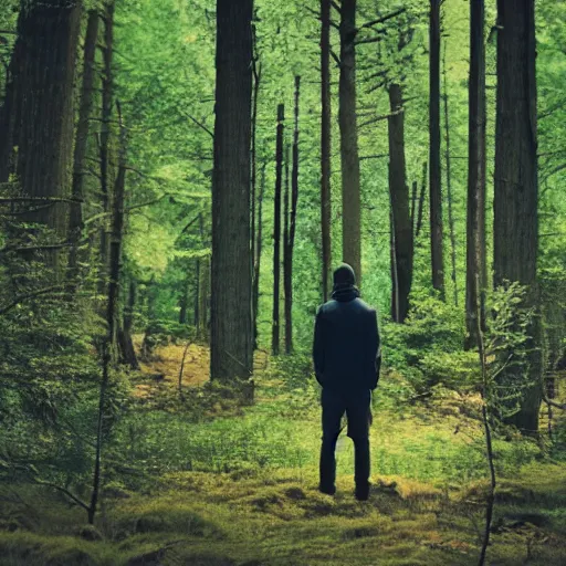 Prompt: a man looking in the forest to see an oversized terrifying creature