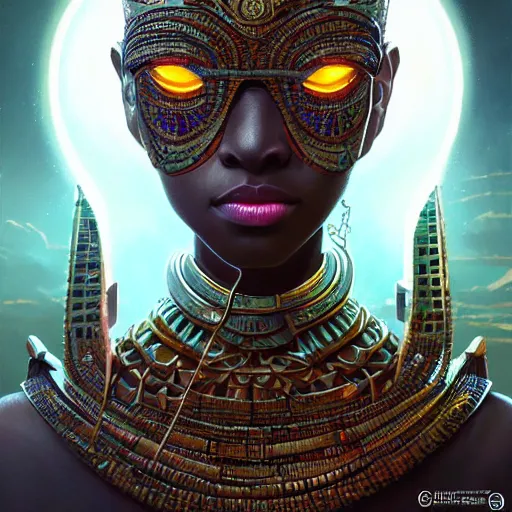 Image similar to highly detailed portrait of an african egyptian goddess, intricate alien technology, stephen bliss, unreal engine, fantasy art by greg rutkowski, loish, rhads, ferdinand knab, makoto shinkai and lois van baarle, ilya kuvshinov, rossdraws, tom bagshaw, global illumination, radiant light, detailed and intricate environment