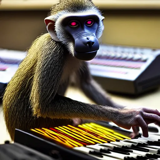 Image similar to photo of a baboon making a DAWless jam, synth, synthesizers, modular synth, jungle