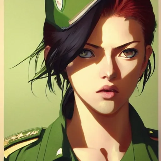 Prompt: manga girl in a green military uniform, fine - face, scarlett johanson, realistic shaded perfect face, fine details. anime. realistic shaded lighting poster by ilya kuvshinov katsuhiro otomo ghost - in - the - shell, magali villeneuve, artgerm, jeremy lipkin and michael garmash and rob rey