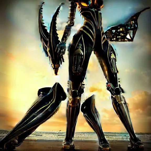 Image similar to looking up at a highly detailed 300 foot tall giant elegant exquisite beautiful stunning valkyr female warframe, as an anthropomorphic robot dragon, posing elegantly over your tiny form, detailed legs looming over you, camera on the ground, at the beach on a sunset, sleek streamlined design, streamlined matte black armor, sharp detailed claws, detailed sharp robot dragon feet, worms eye view, giantess shot, camera close to the legs, upward shot, ground view shot, leg shot, front shot, epic cinematic shot, high quality warframe fanart, captura, realistic, professional digital art, high end digital art, furry art, giantess art, anthro art, DeviantArt, artstation, Furaffinity, 8k HD render, epic lighting