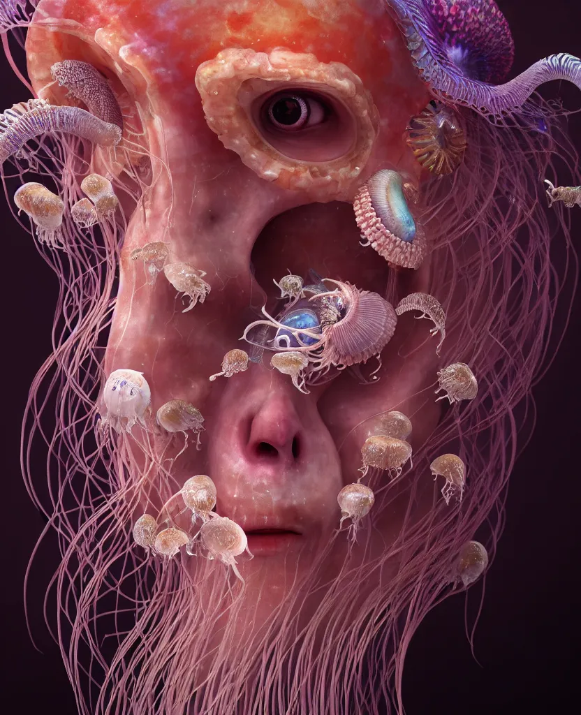 Image similar to goddess princess face close-up portrait ram skull. jellyfish phoenix head, nautilus, orchid, skull, betta fish, bioluminiscent creatures, intricate artwork by Tooth Wu and wlop and beeple. octane render, trending on artstation, greg rutkowski very coherent symmetrical artwork. cinematic, hyper realism, high detail, octane render, 8k