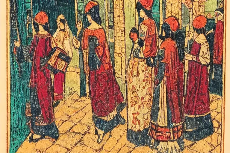 Image similar to parisian ladies on promenade byzantine style colour woodblock detailed fine quality print