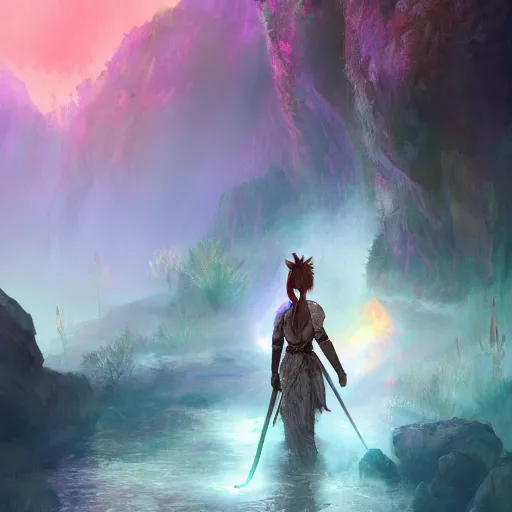 Image similar to landscape of Aloy in misty mysterious astral temple jumpin with pistol in river of chromatic SPIRITS , beautiful, dmt, trending on artstation, omnious, soft, artwork by Wong, Liam