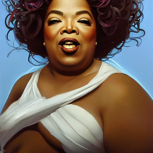 Image similar to fat oprah winfrey eating a robot head domme mistress, full body, dominatrix, tribal, smooth white tight clothes suit, ornate, very beautiful, concept art, realistic painting, androgynous, afrofuturism, daz 3 d, cinematic, cgsociety, digital art by greg rutkowski, by alphonse mucha,