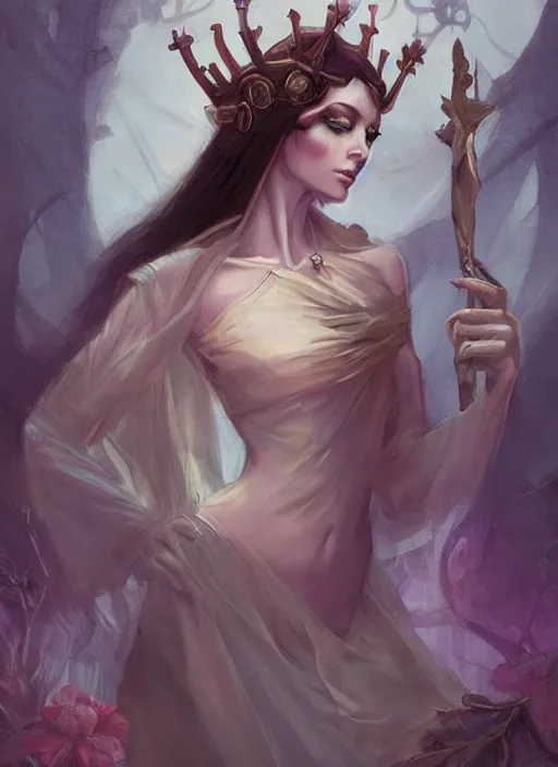 Image similar to tarot!!, fairy queen, fantasy medieval, no noise, elegant, concept art, sharp focus, beautiful face!!, digital art, smooth defined outlines!!, by Brom, trending on Artstation, Tom Bagshaw, Sargent