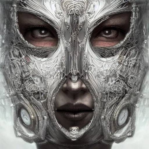 Prompt: Very very very very highly detailed epic central composition portrait of face with venetian mask, intricate, dystopian, sci-fi, extremely detailed, digital painting, artstation, concept art, smooth, sharp focus, illustration, intimidating lighting, incredible art by Tokujin Yoshioka and Anton Pieck