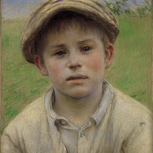 Prompt: Portrait of a farmer boy, by Jules Bastien-Lepage, Emile Friant, Dagnan Bouveret, chalk, pencil drawing