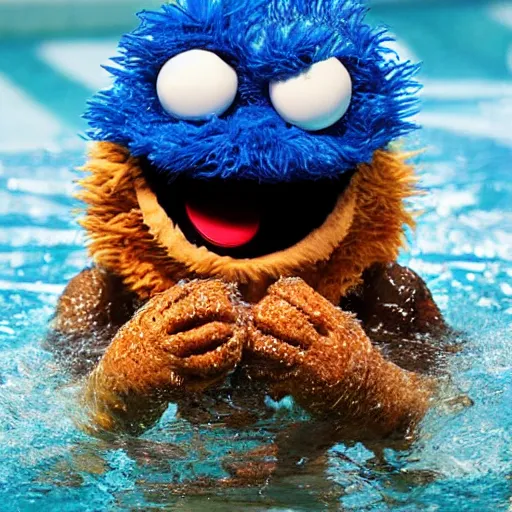 Image similar to cookie monster swimming in a pool