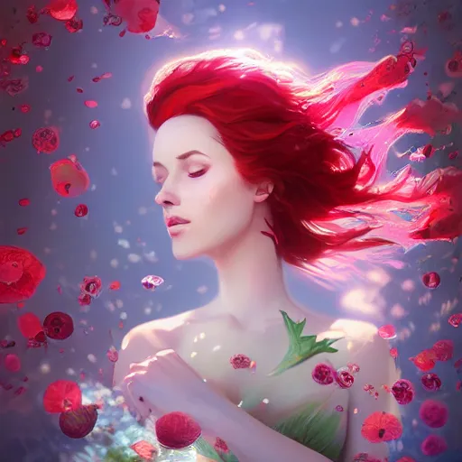 Image similar to Triss Merigold in a swirling sundress of flowers, underwater, floral explosion, radiant light, vortex of plum petals, by WLOP, Beeple and artgerm, artstation, deviantart