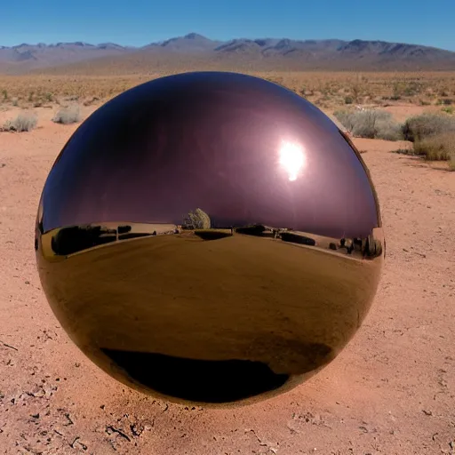 Prompt: a large copper ball with a mirror finish site in the arizona desert, photorealistic